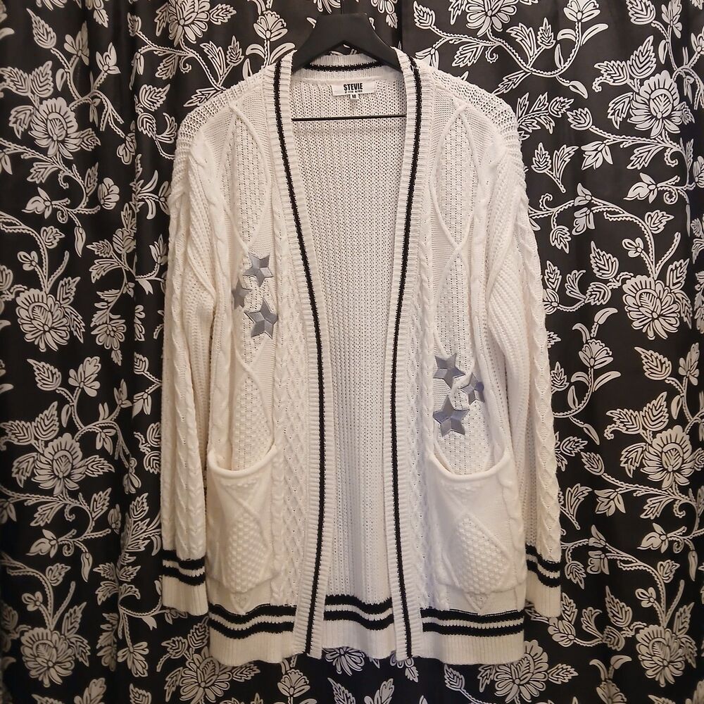 Stevie by Steve Madden Open Cardigan Sz Med White w/Blk Stripes & Applique Stars